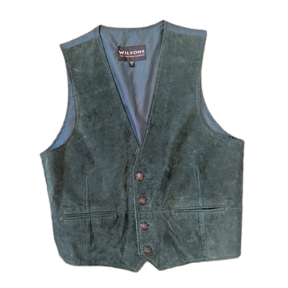 Vtg Wilson‎ Leather XL Vest 4 Button Green Suede Pockets Nylon Cowboy Equestrian
